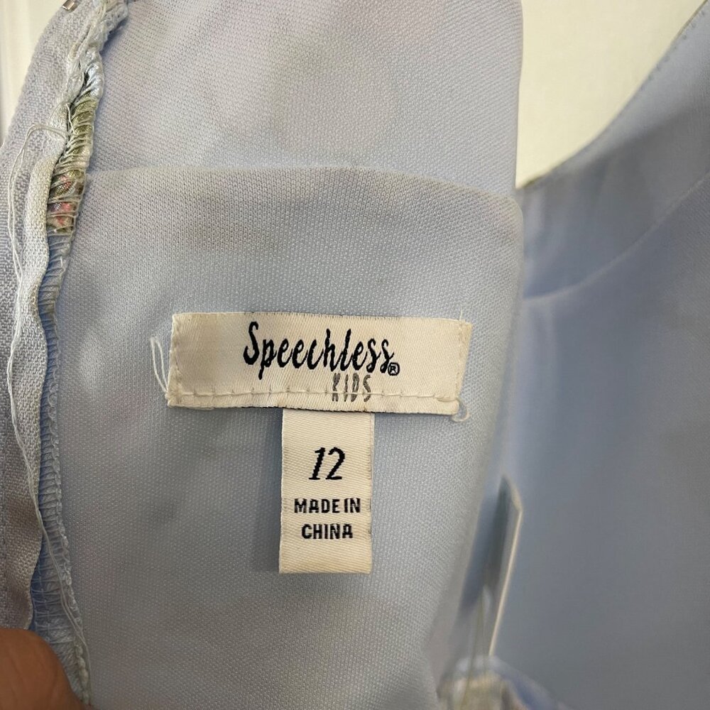 Floral Light Blue Sleeveless Girls Party Dress With Tulle Overlay & Satin Finish - Picture 7 of 14